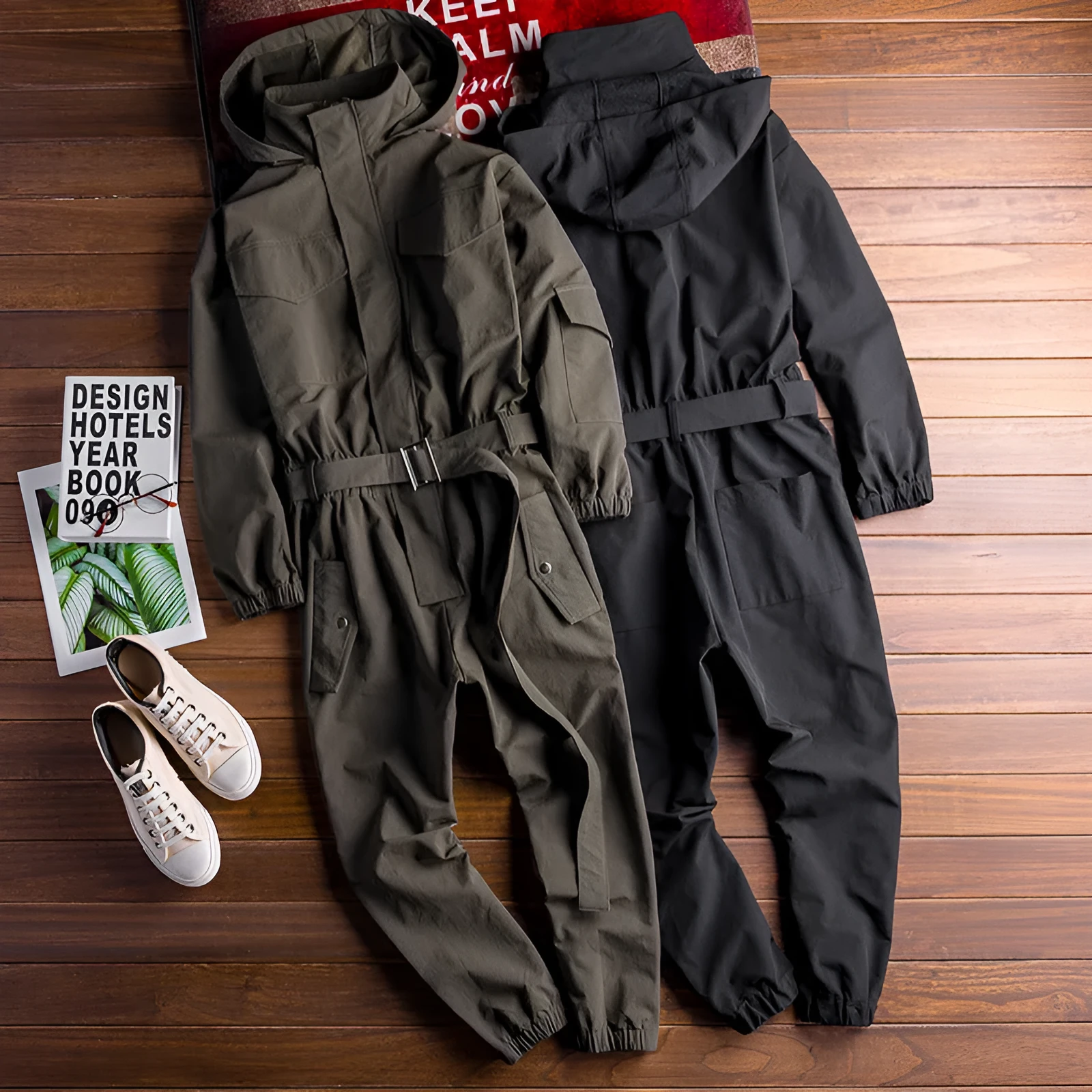 Men's hooded workwear jumpsuit in army green with ankle-tied cuffs and zip closure