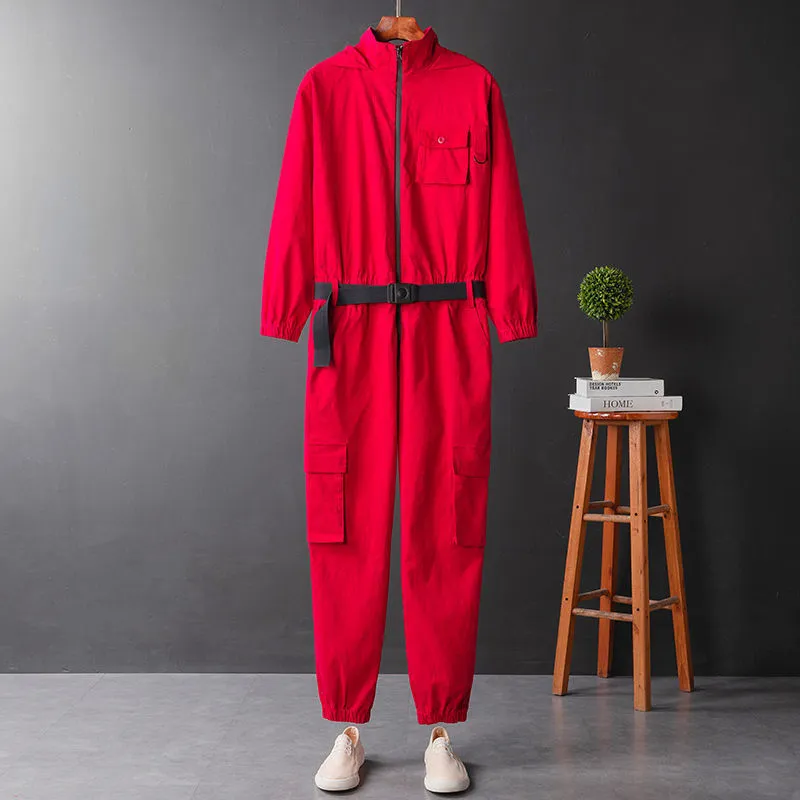 Men's hooded workwear jumpsuit in army green with ankle-tied cuffs and zip closure