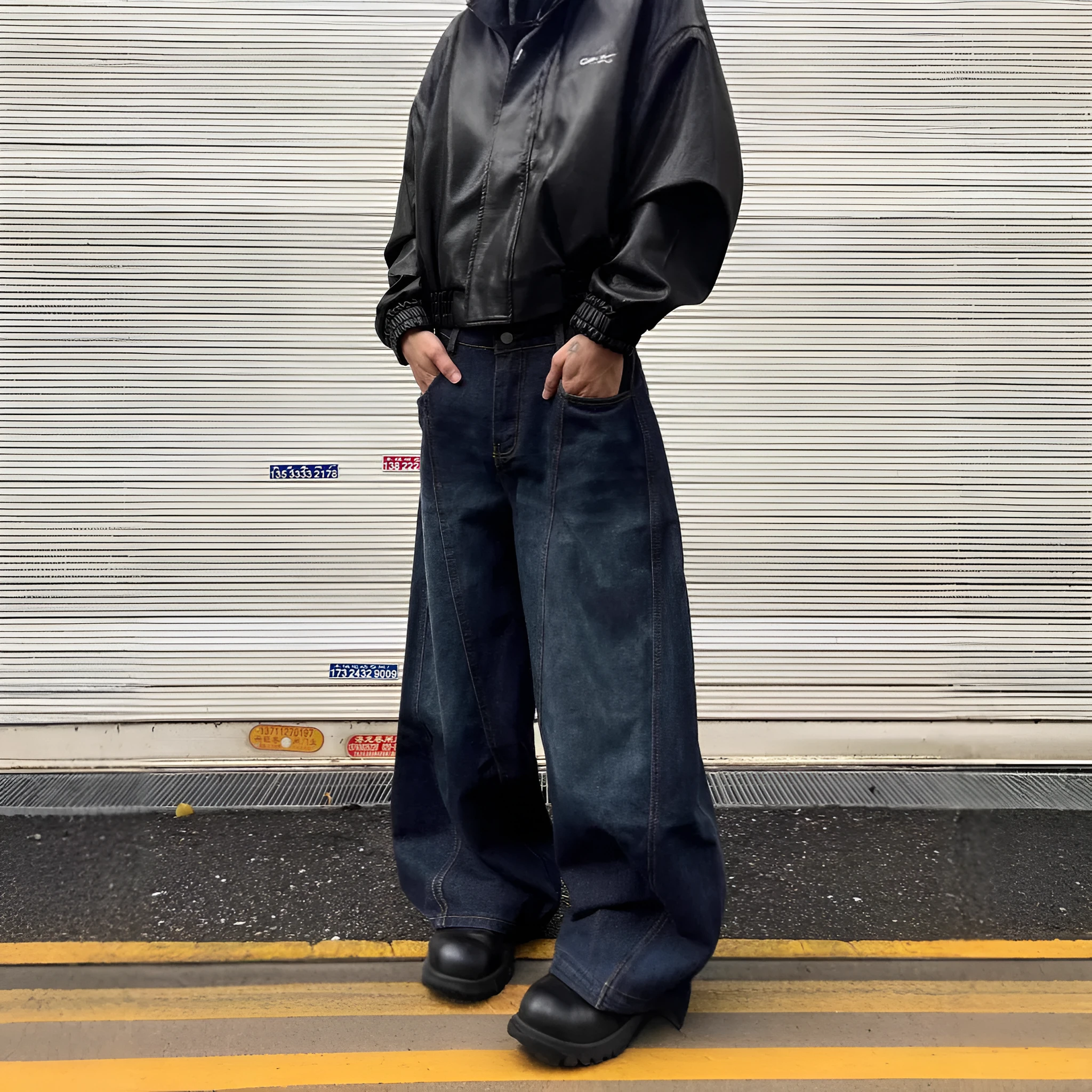 American retro machete jeans for men and women in blue cotton denim, mid waist, full length