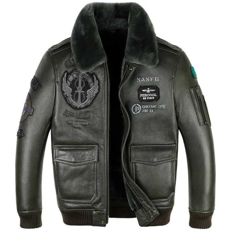 Men's genuine sheepskin leather flight suit jacket with animal pattern in black, front view, short loose fit