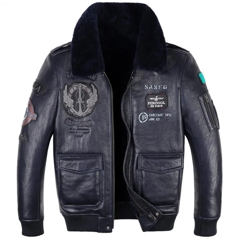 Men's genuine sheepskin leather flight suit jacket with animal pattern in black, front view, short loose fit