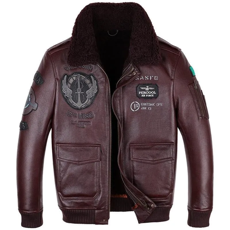 Men's genuine sheepskin leather flight suit jacket with animal pattern in black, front view, short loose fit