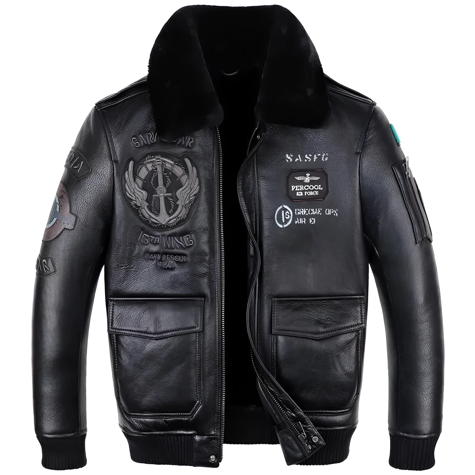 Men's genuine sheepskin leather flight suit jacket with animal pattern in black, front view, short loose fit