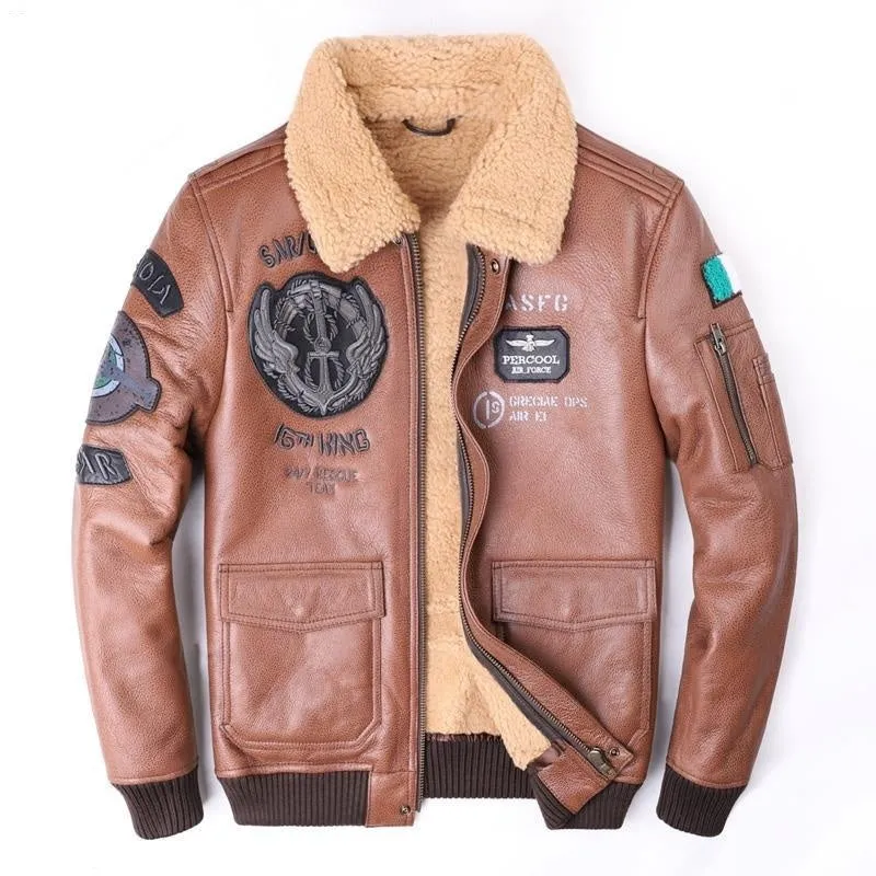 Men's genuine sheepskin leather flight suit jacket with animal pattern in black, front view, short loose fit