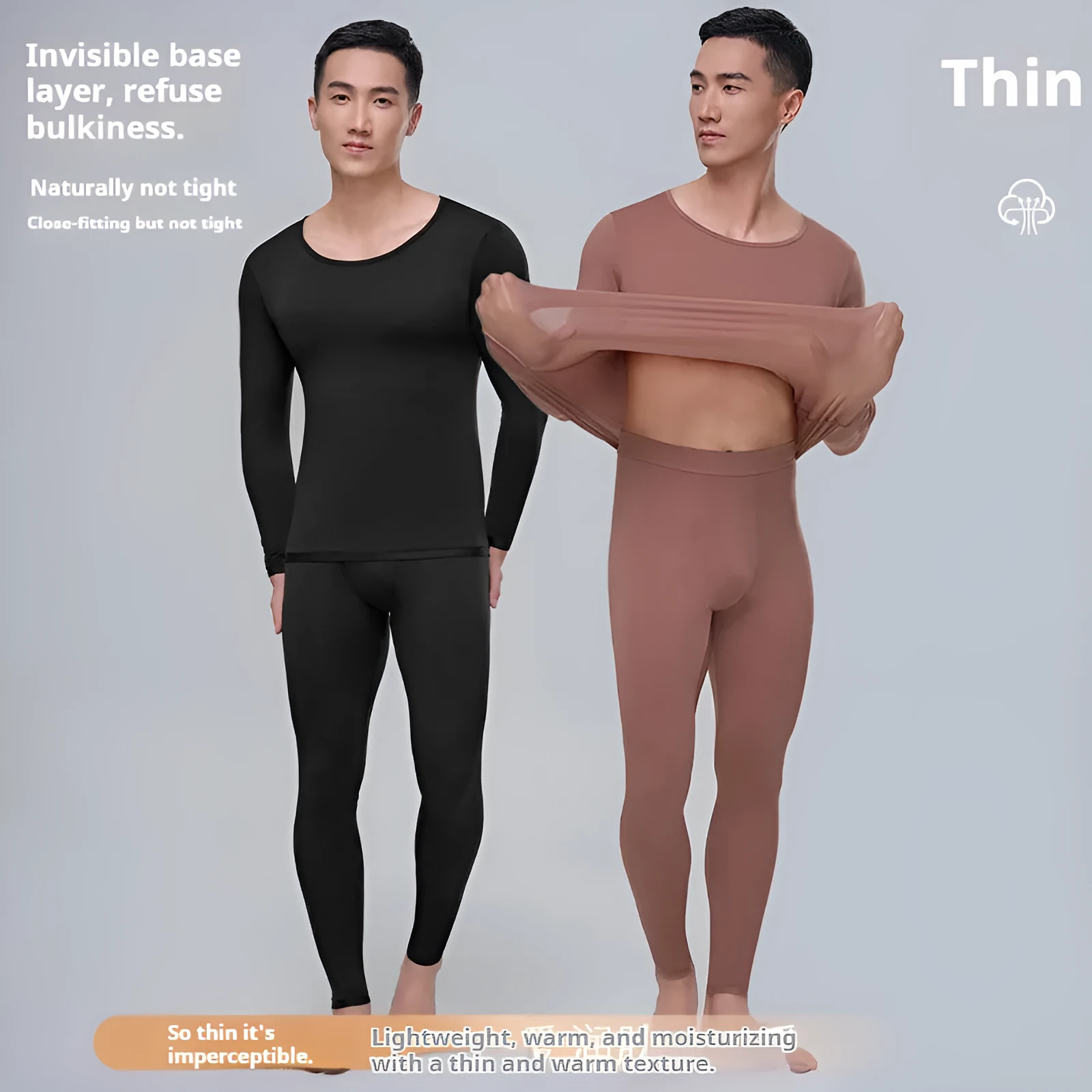Men's constant temperature heating nylon bottoming suit in black with top and trousers on model