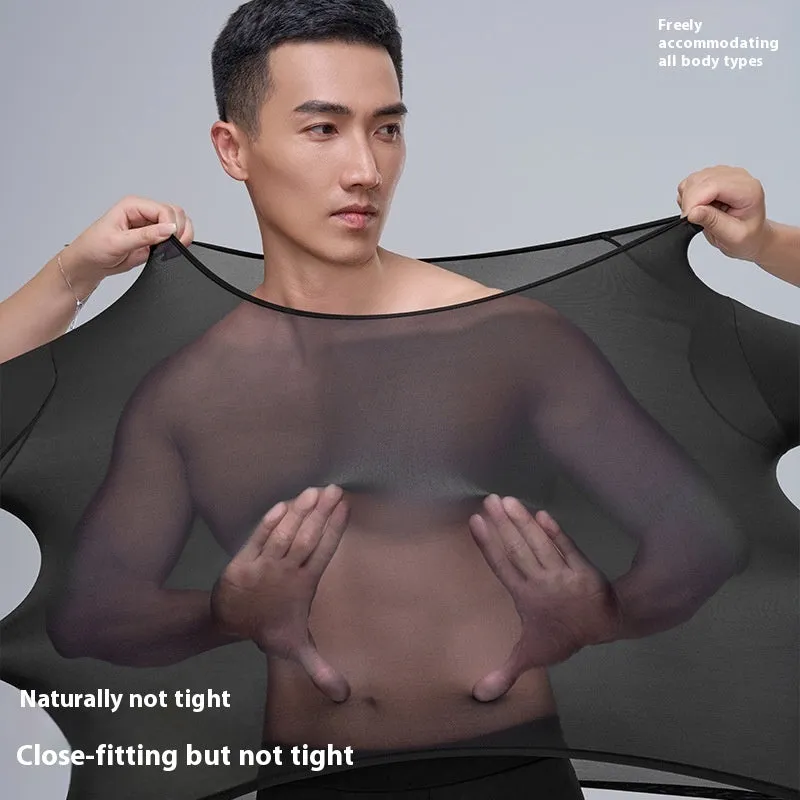 Men's constant temperature heating nylon bottoming suit in black with top and trousers on model