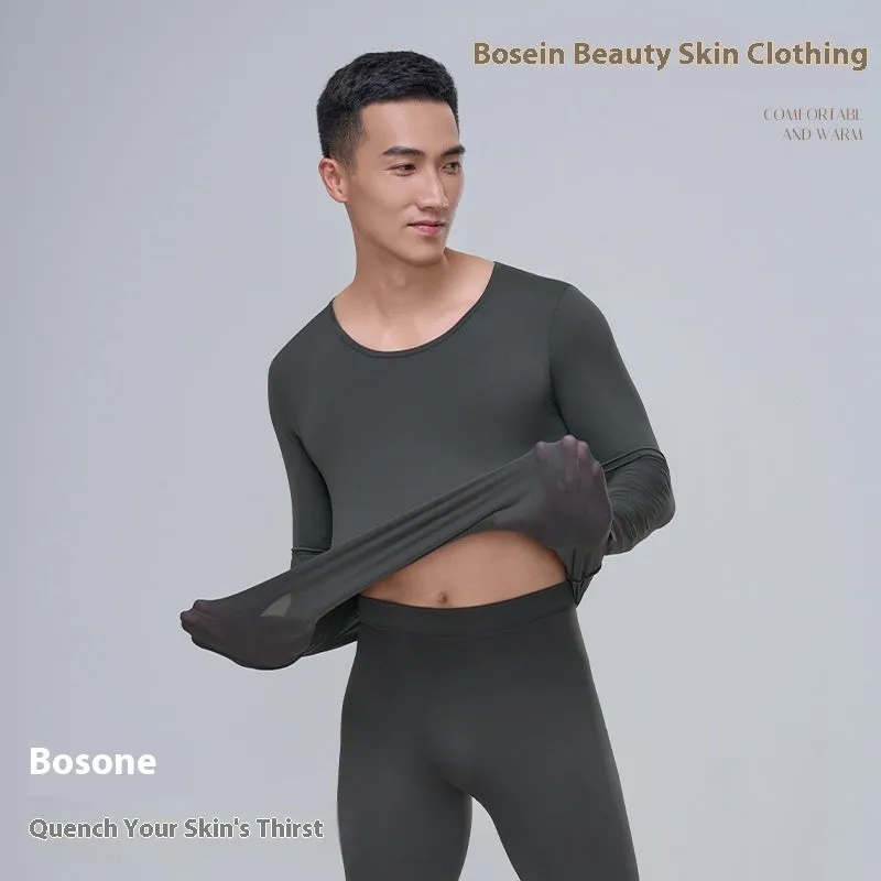 Men's constant temperature heating nylon bottoming suit in black with top and trousers on model