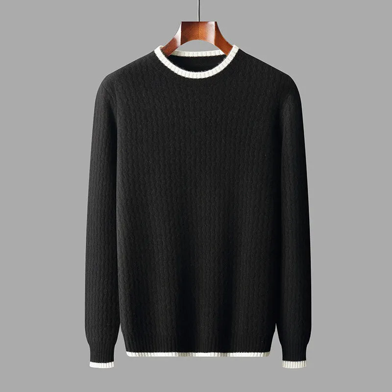 Men's round neck twisted design colour matching wool sweater in loose fit
