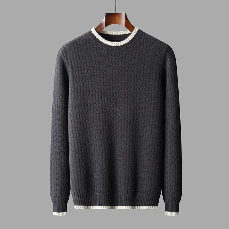 Men's round neck twisted design colour matching wool sweater in loose fit