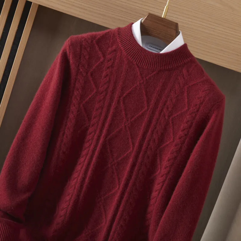 Men's semi-high diamond twisted wool pullover in wine red, loose fit, long sleeve, autumn casual wear