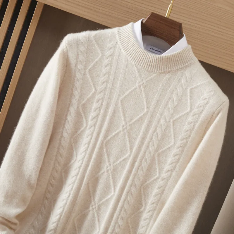 Men's semi-high diamond twisted wool pullover in wine red, loose fit, long sleeve, autumn casual wear