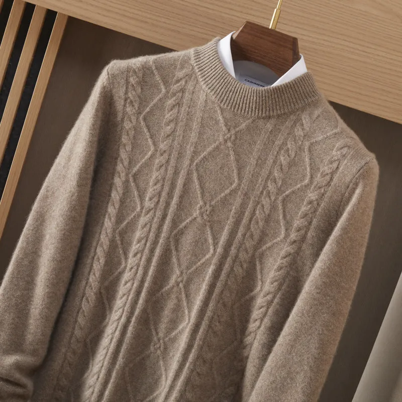 Men's semi-high diamond twisted wool pullover in wine red, loose fit, long sleeve, autumn casual wear