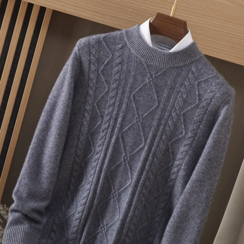 Men's semi-high diamond twisted wool pullover in wine red, loose fit, long sleeve, autumn casual wear