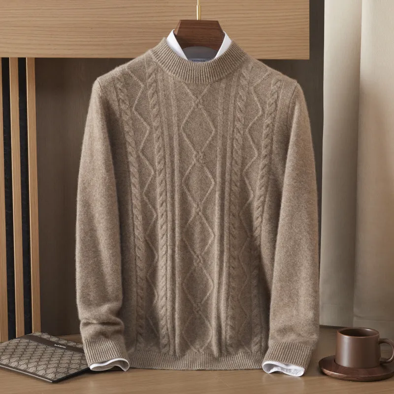 Men's semi-high diamond twisted wool pullover in wine red, loose fit, long sleeve, autumn casual wear