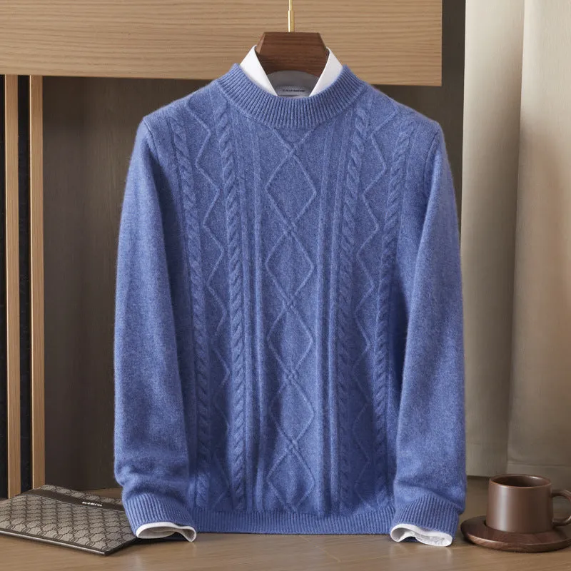 Men's semi-high diamond twisted wool pullover in wine red, loose fit, long sleeve, autumn casual wear