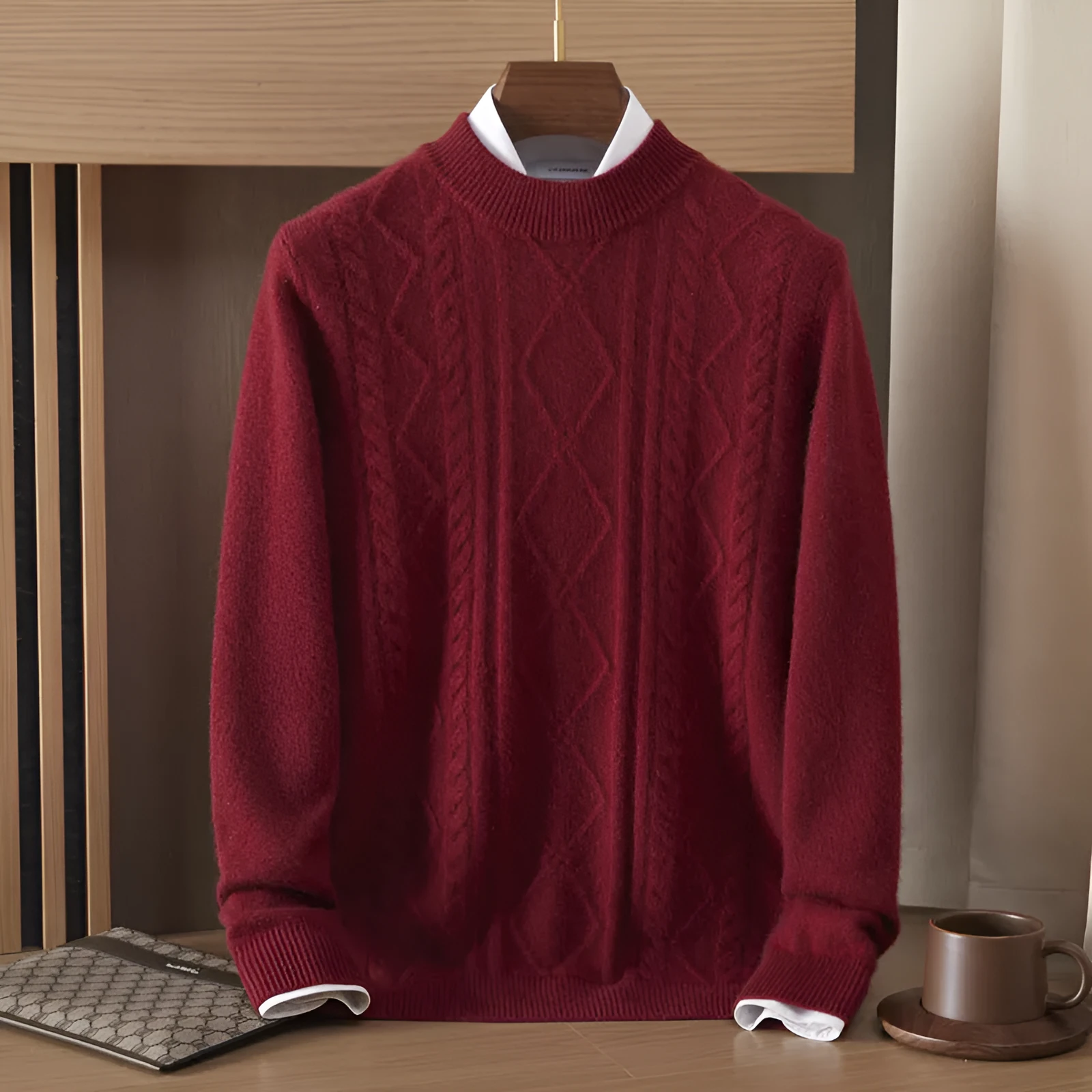 Men's semi-high diamond twisted wool pullover in wine red, loose fit, long sleeve, autumn casual wear