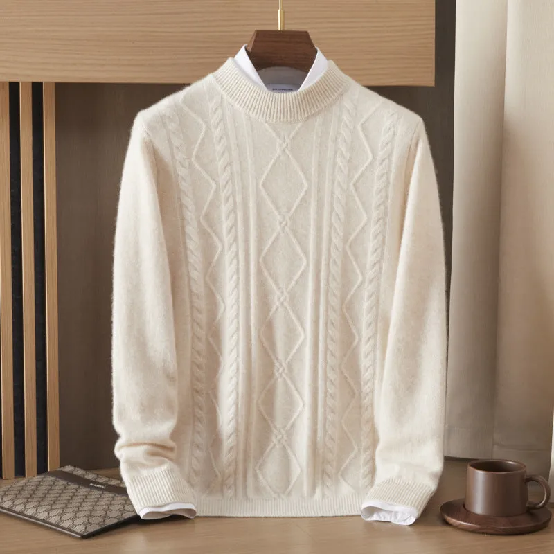 Men's semi-high diamond twisted wool pullover in wine red, loose fit, long sleeve, autumn casual wear