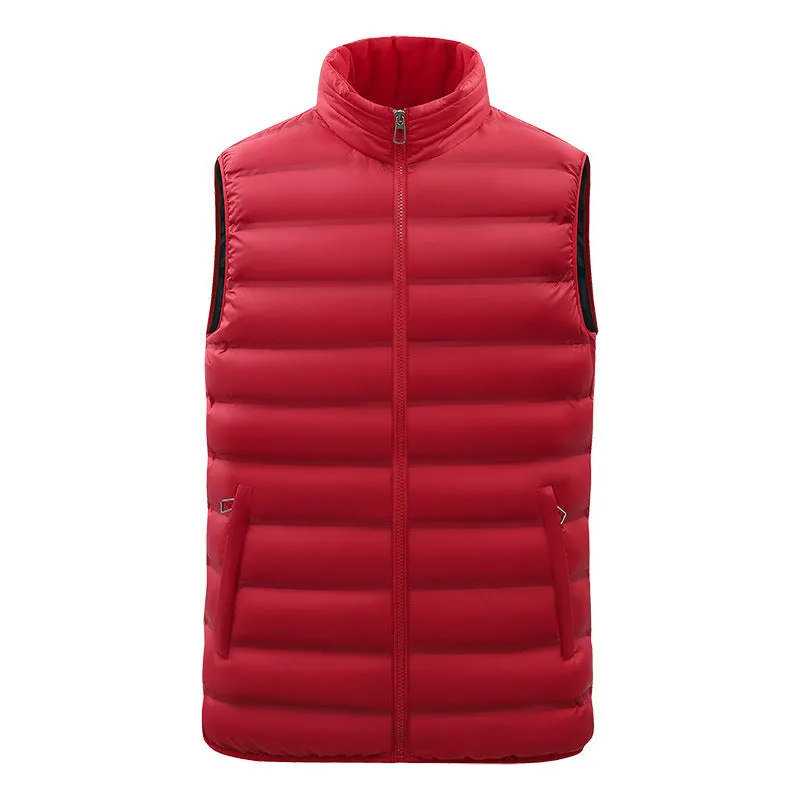 Men's thin cotton-padded vest with stand-up collar, zipper pockets, straight hem, available in black and other colours