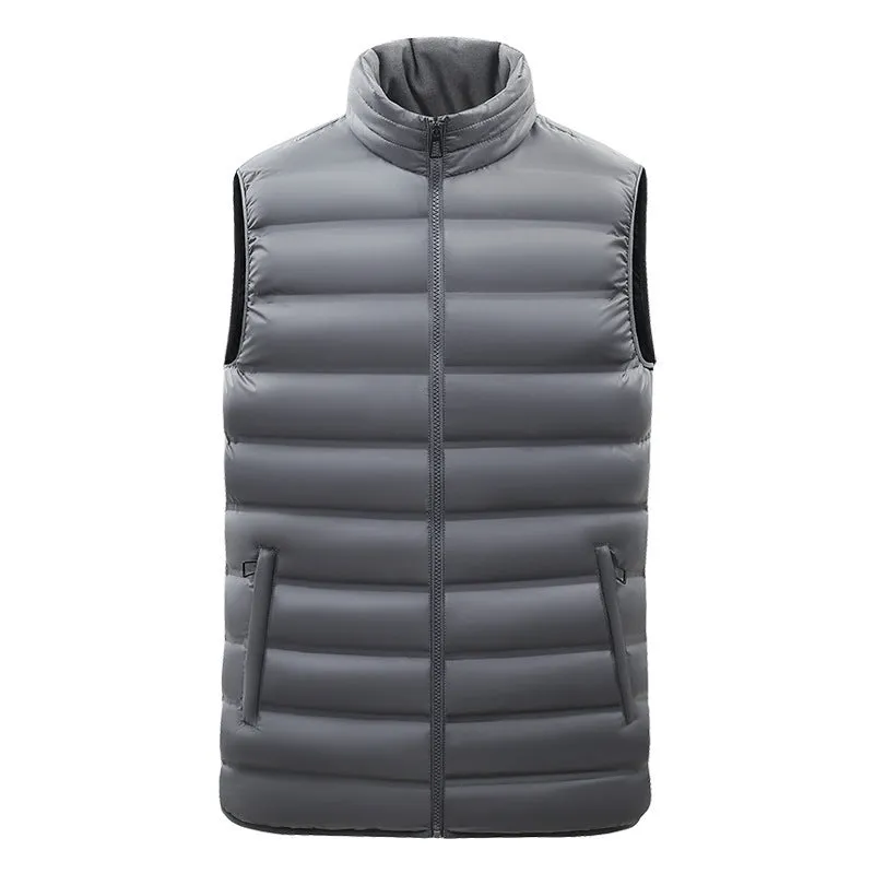 Men's thin cotton-padded vest with stand-up collar, zipper pockets, straight hem, available in black and other colours