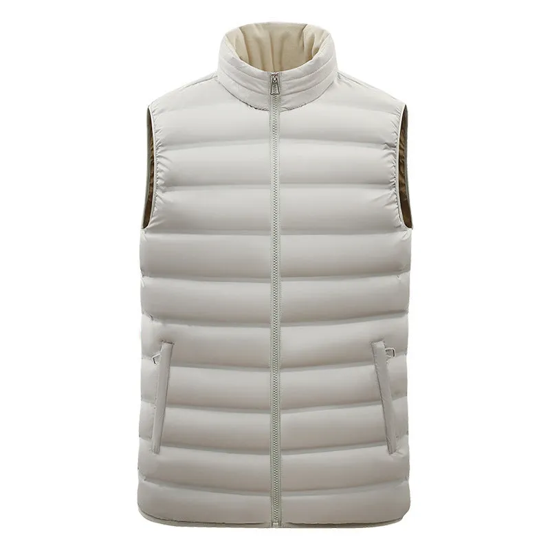 Men's thin cotton-padded vest with stand-up collar, zipper pockets, straight hem, available in black and other colours