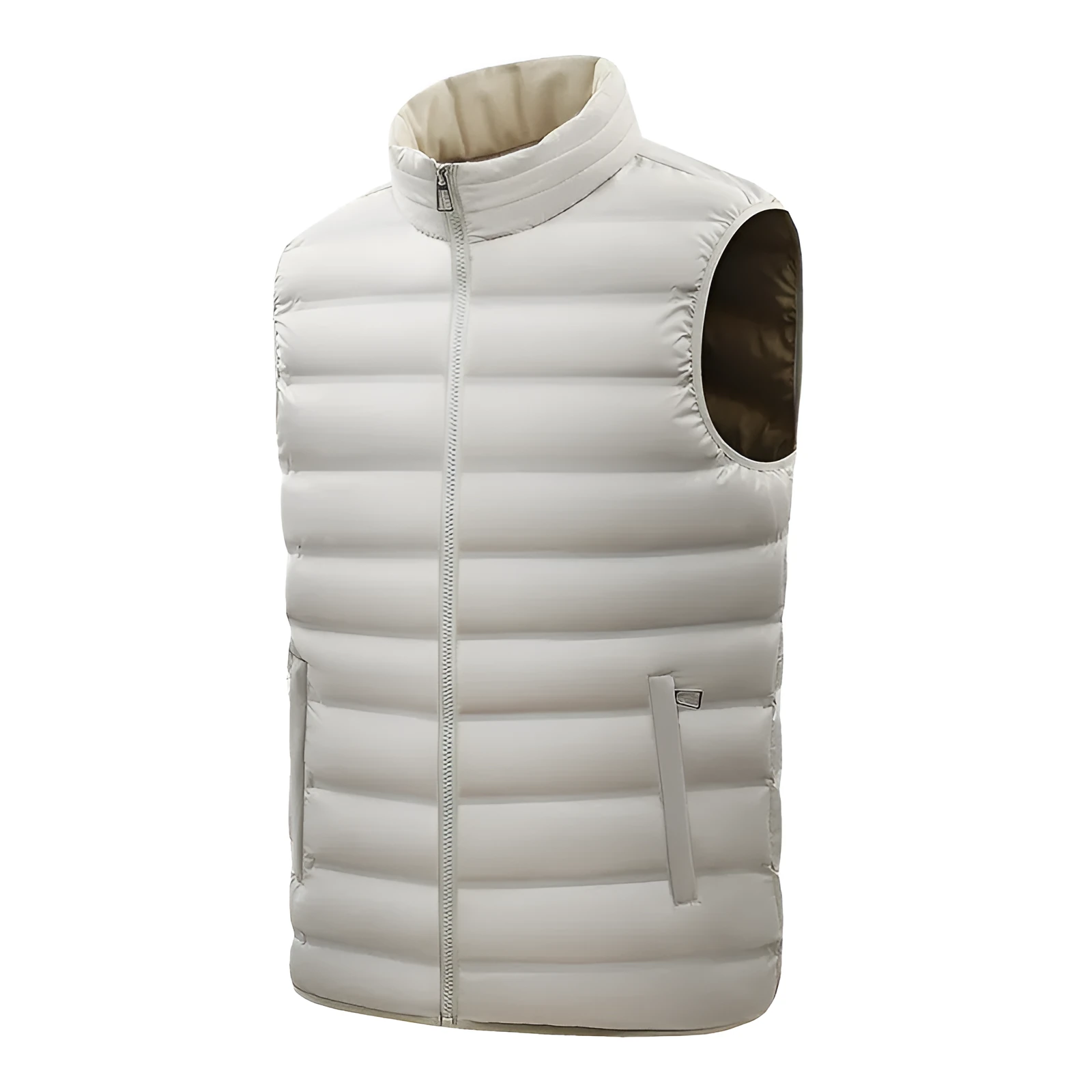 Men's thin cotton-padded vest with stand-up collar, zipper pockets, straight hem, available in black and other colours