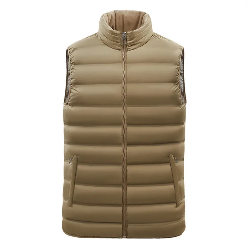 Men's thin cotton-padded vest with stand-up collar, zipper pockets, straight hem, available in black and other colours