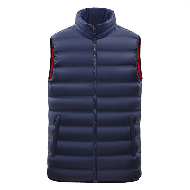 Men's thin cotton-padded vest with stand-up collar, zipper pockets, straight hem, available in black and other colours