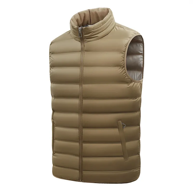 Men's thin cotton-padded vest with stand-up collar, zipper pockets, straight hem, available in black and other colours