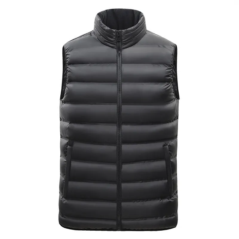 Men's thin cotton-padded vest with stand-up collar, zipper pockets, straight hem, available in black and other colours