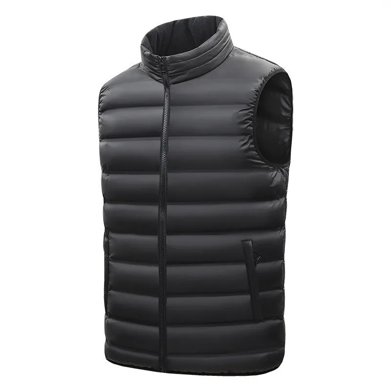 Men's thin cotton-padded vest with stand-up collar, zipper pockets, straight hem, available in black and other colours