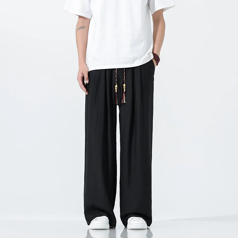 National Style men's straight-leg wide trousers in black, breathable bamboo spandex fabric