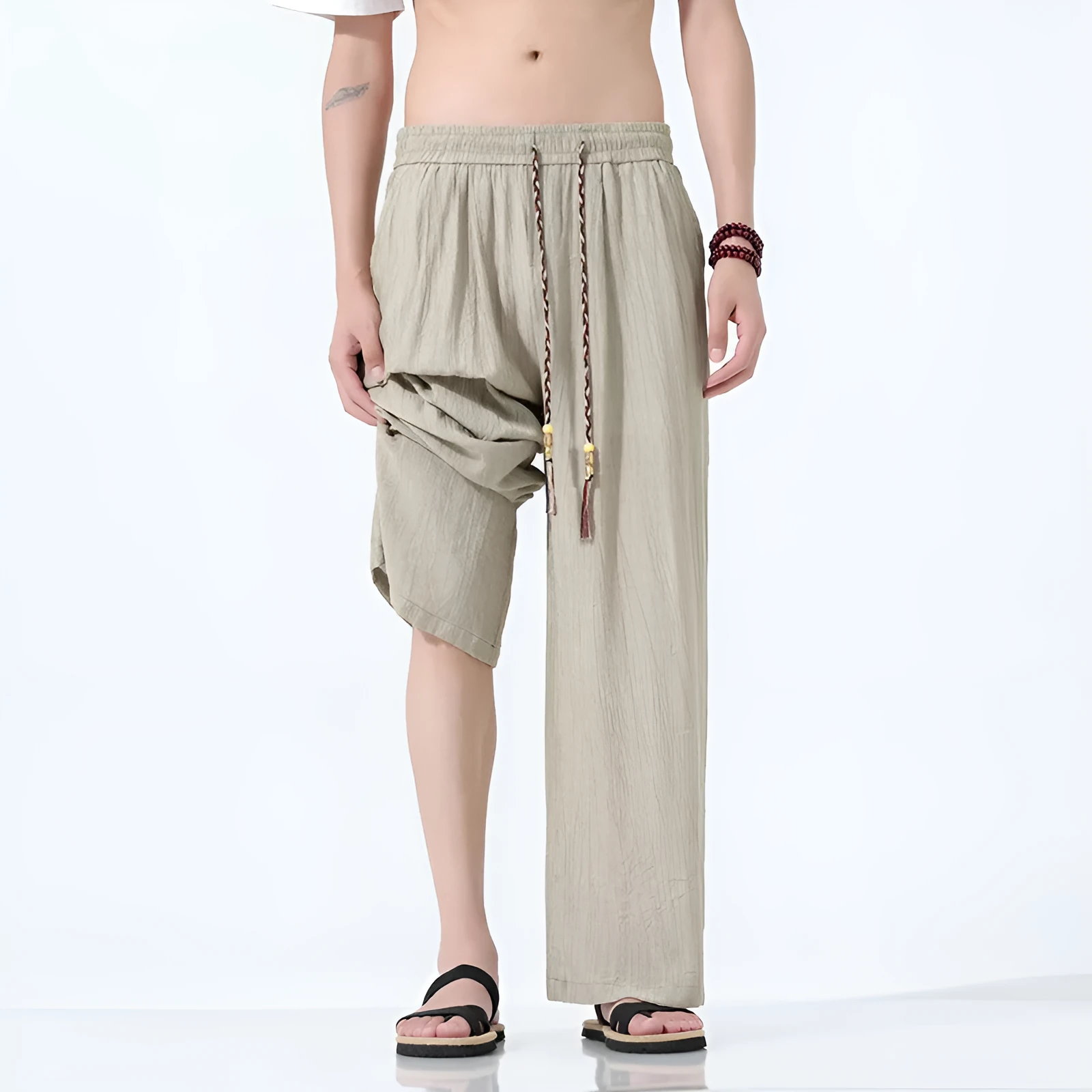 National Style men's straight-leg wide trousers in black, breathable bamboo spandex fabric