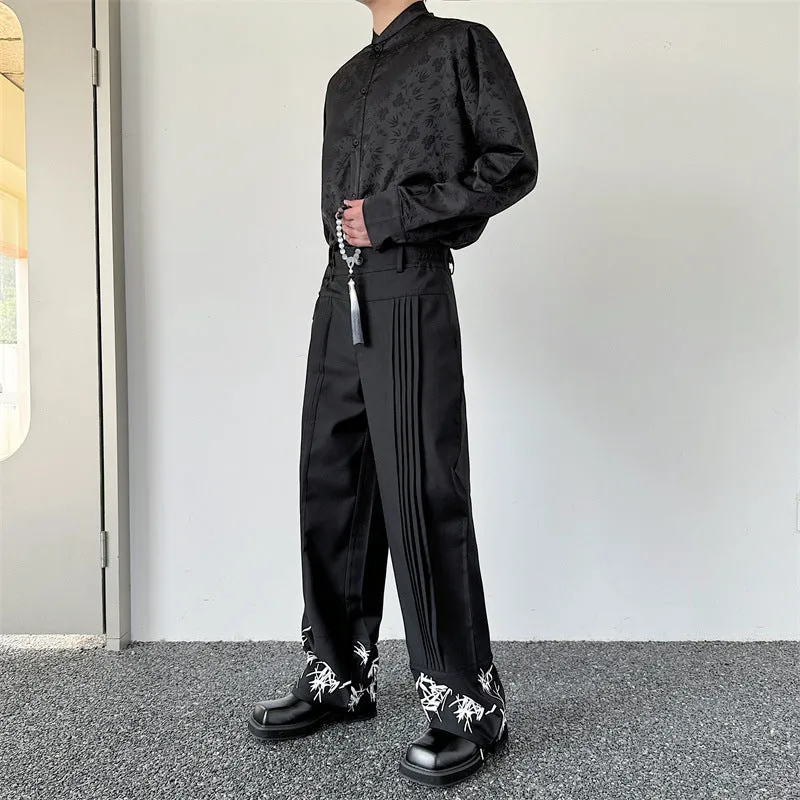 Pleated wide leg straight pants black cotton blend with elastic waist on mannequin