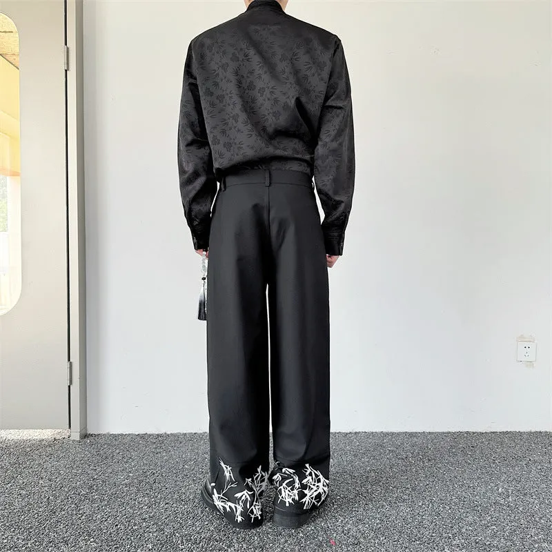 Pleated wide leg straight pants black cotton blend with elastic waist on mannequin
