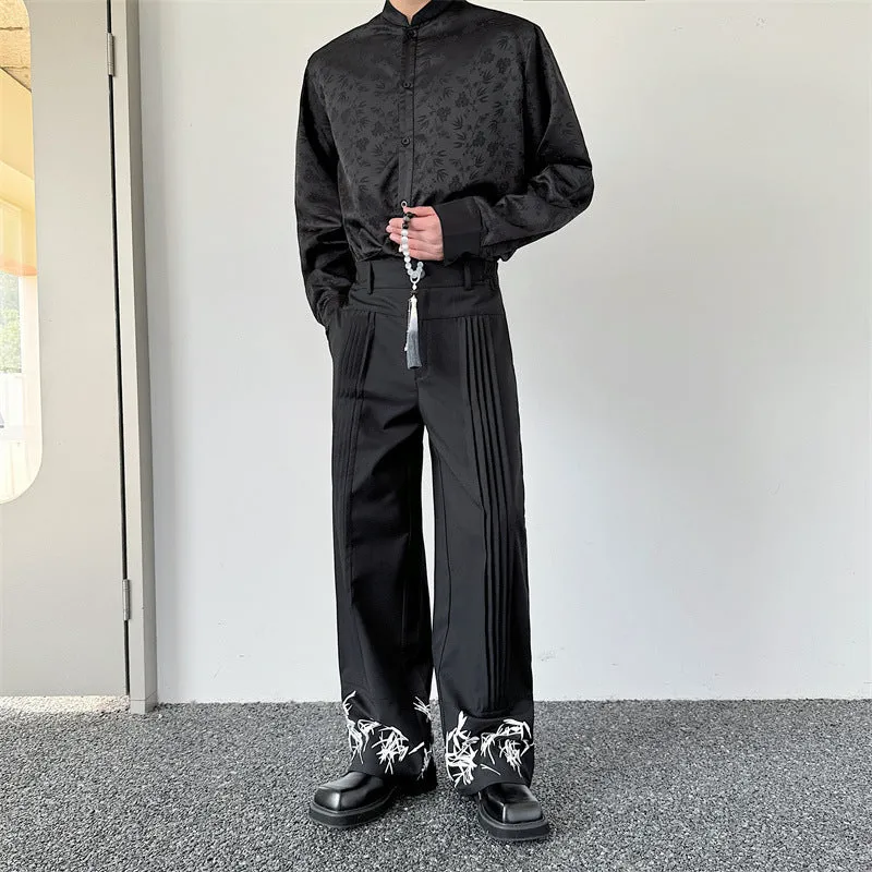 Pleated wide leg straight pants black cotton blend with elastic waist on mannequin