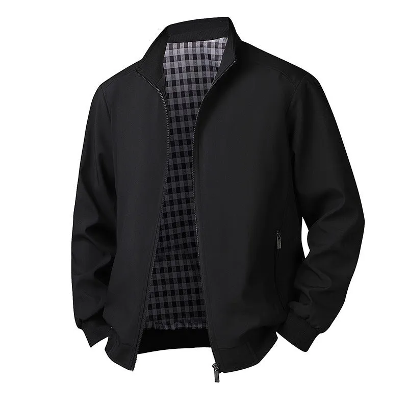 Plus size men's grey plaid corduroy hooded jacket with stand-up collar and patch pockets