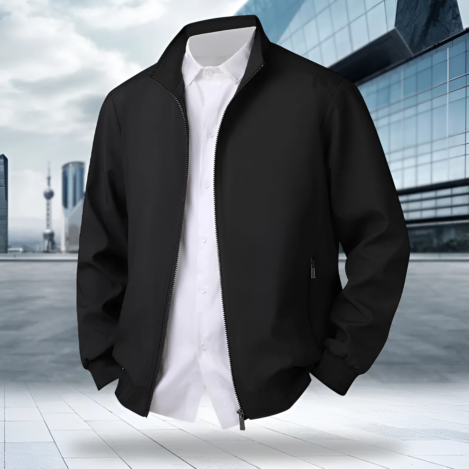 Plus size men's grey plaid corduroy hooded jacket with stand-up collar and patch pockets