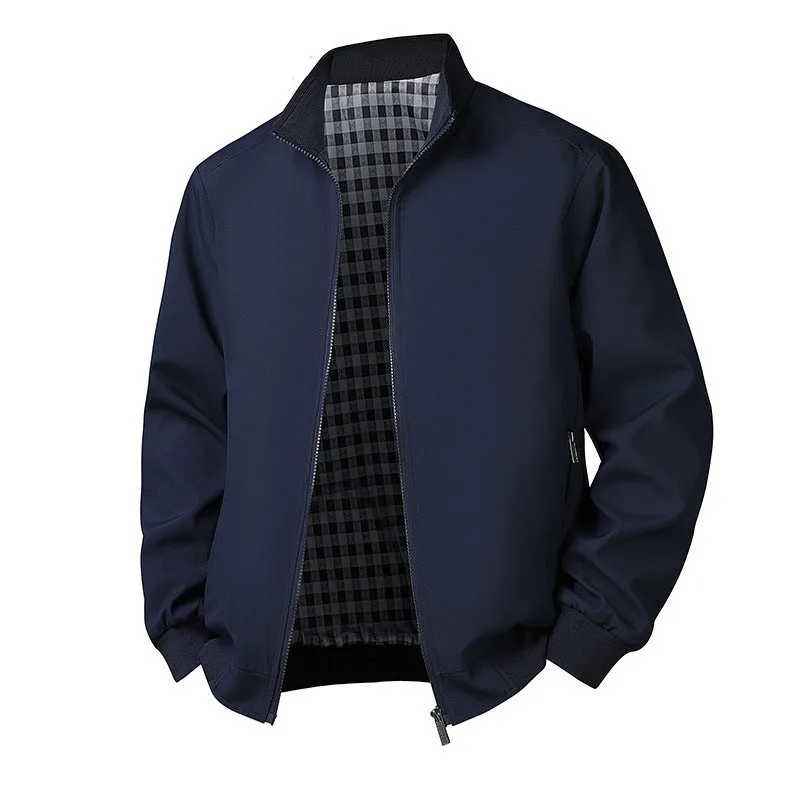 Plus size men's grey plaid corduroy hooded jacket with stand-up collar and patch pockets