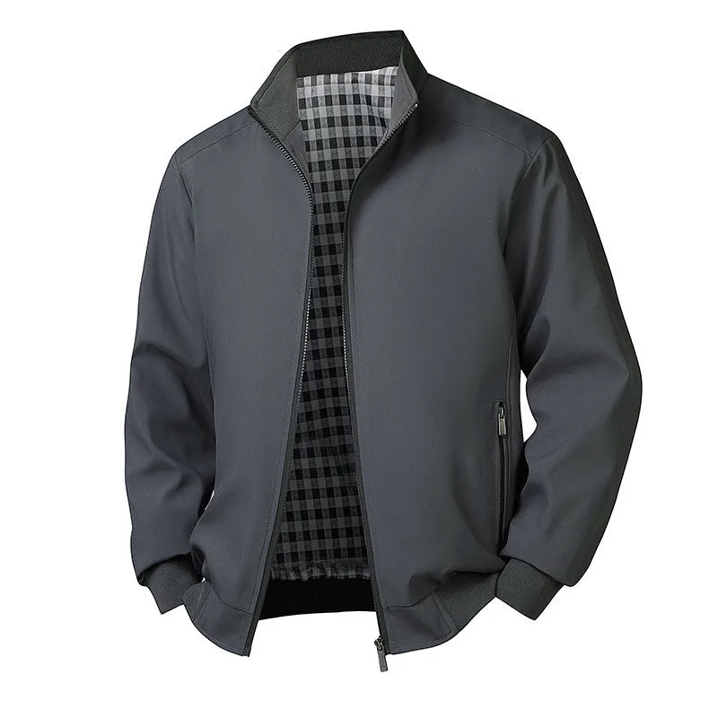 Plus size men's grey plaid corduroy hooded jacket with stand-up collar and patch pockets