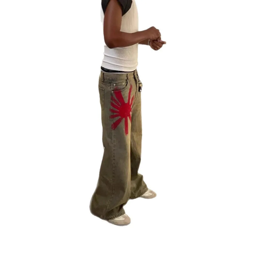Men's wide-leg blue denim trousers with straight-leg cut and zipper fly, laid flat on a neutral background