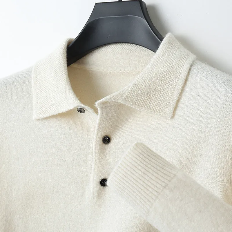 Man wearing a grey woolen polo collar sweater pullover with long sleeves.