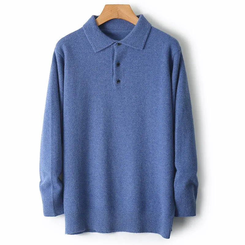 Man wearing a grey woolen polo collar sweater pullover with long sleeves.