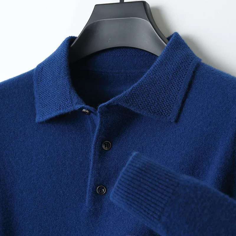 Man wearing a grey woolen polo collar sweater pullover with long sleeves.