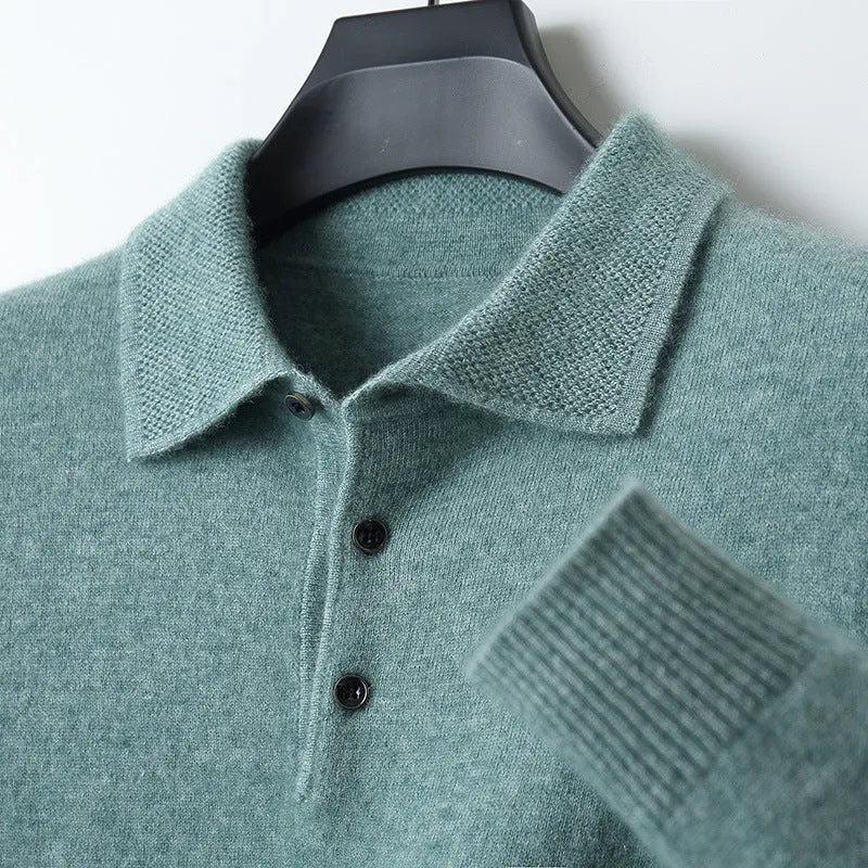 Man wearing a grey woolen polo collar sweater pullover with long sleeves.