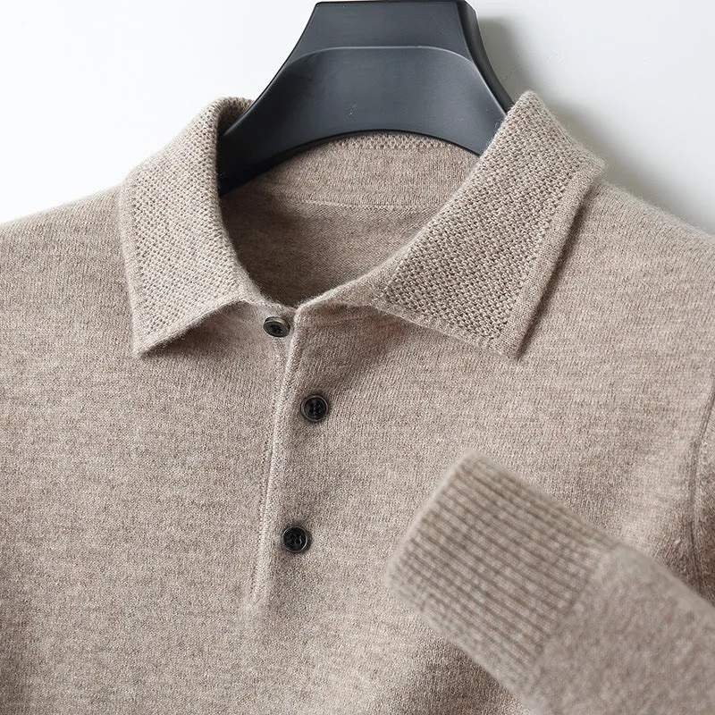 Man wearing a grey woolen polo collar sweater pullover with long sleeves.