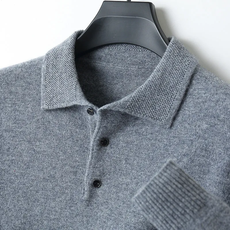 Man wearing a grey woolen polo collar sweater pullover with long sleeves.