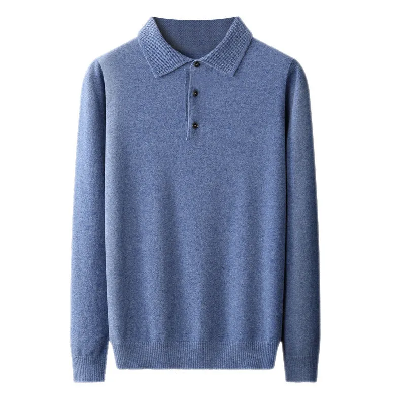 Man wearing a grey woolen polo collar sweater pullover with long sleeves.