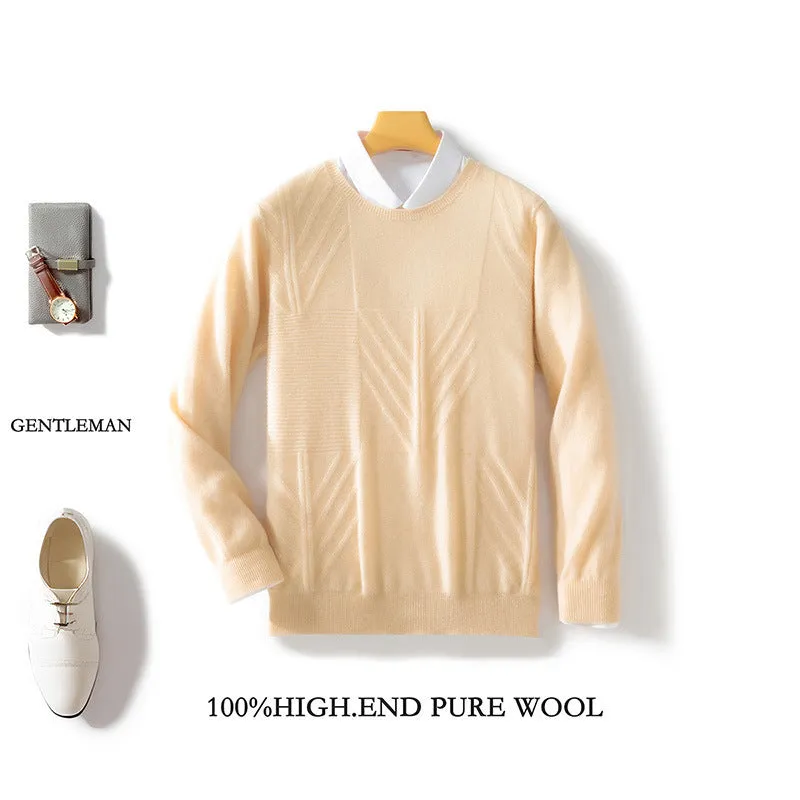 Men's round neck solid colour jacquard sweater in loose fit, long sleeves, seven colours, S-XXXL