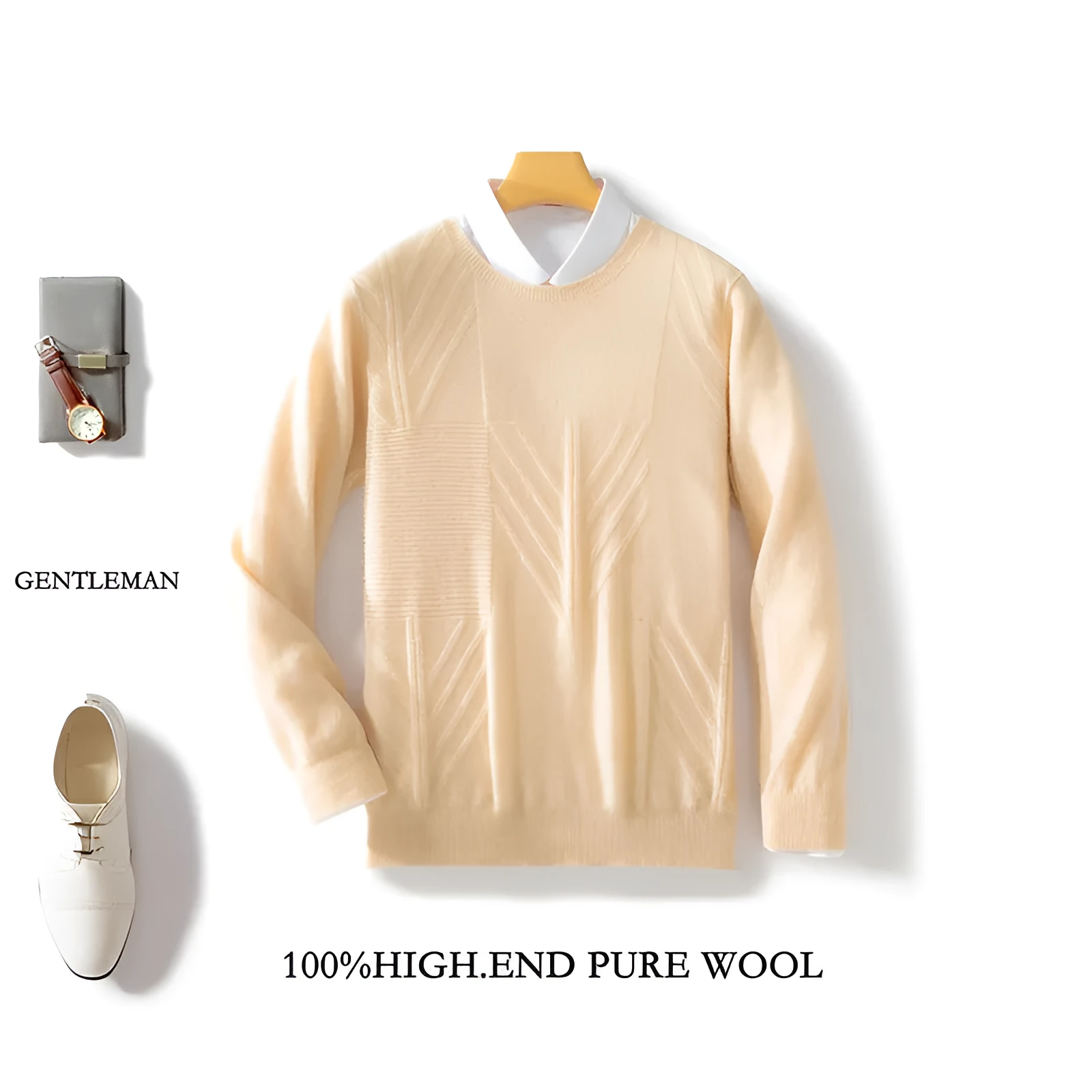 Men's round neck solid colour jacquard sweater in loose fit, long sleeves, seven colours, S-XXXL