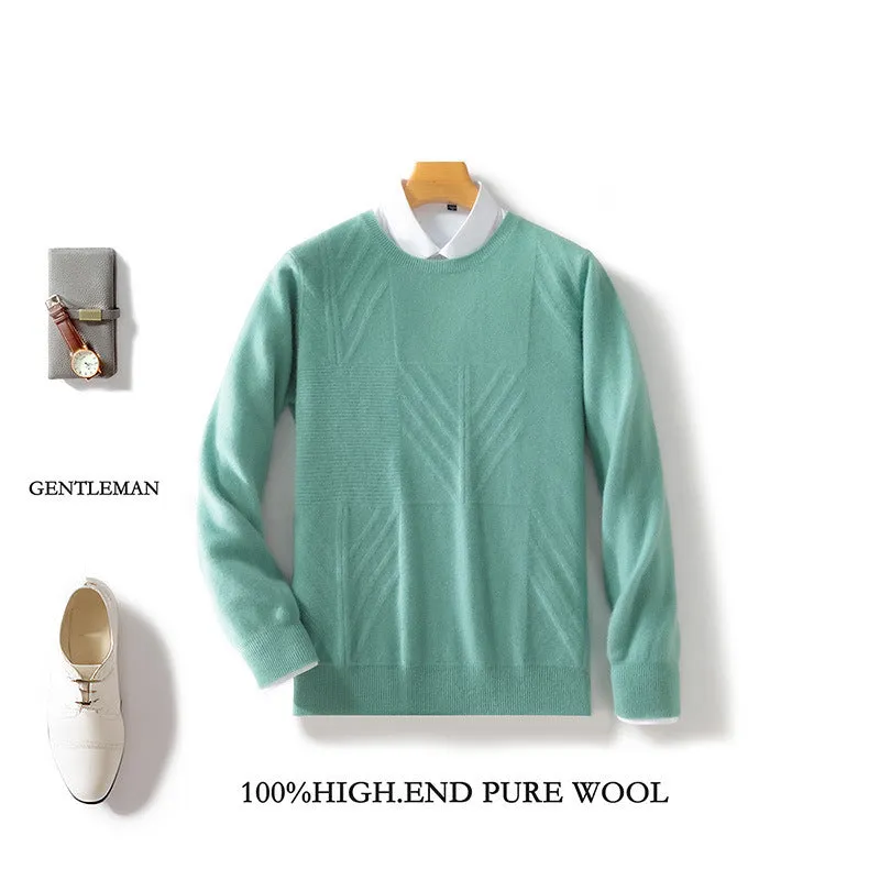 Men's round neck solid colour jacquard sweater in loose fit, long sleeves, seven colours, S-XXXL